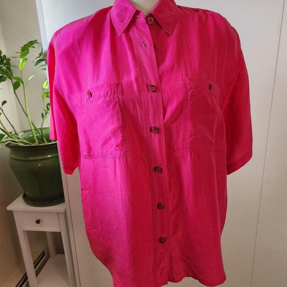 Clio Vintage 80s Silk Blouse Hot Pink Button‎ Up Short Sleeve Shoulder Pads M